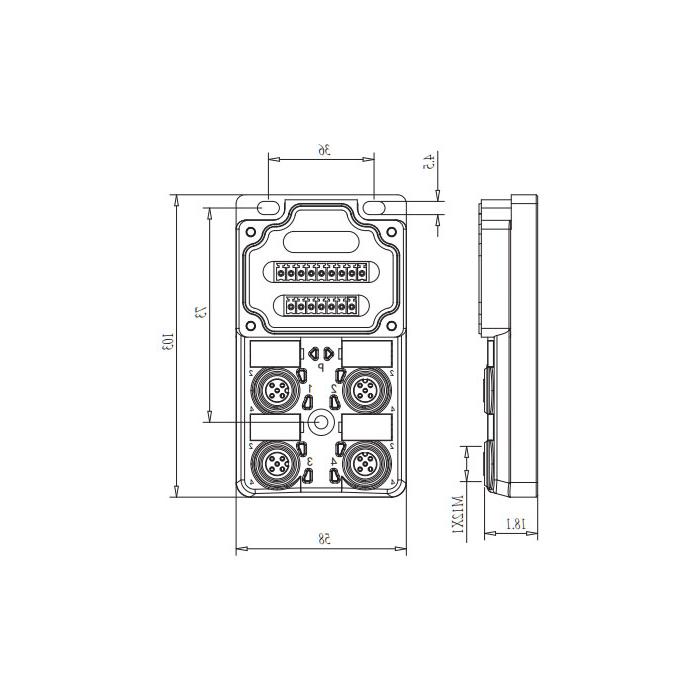 M12分线盒、双通道、PNP、4端口分体式、带LED、PCB端子、24P40G