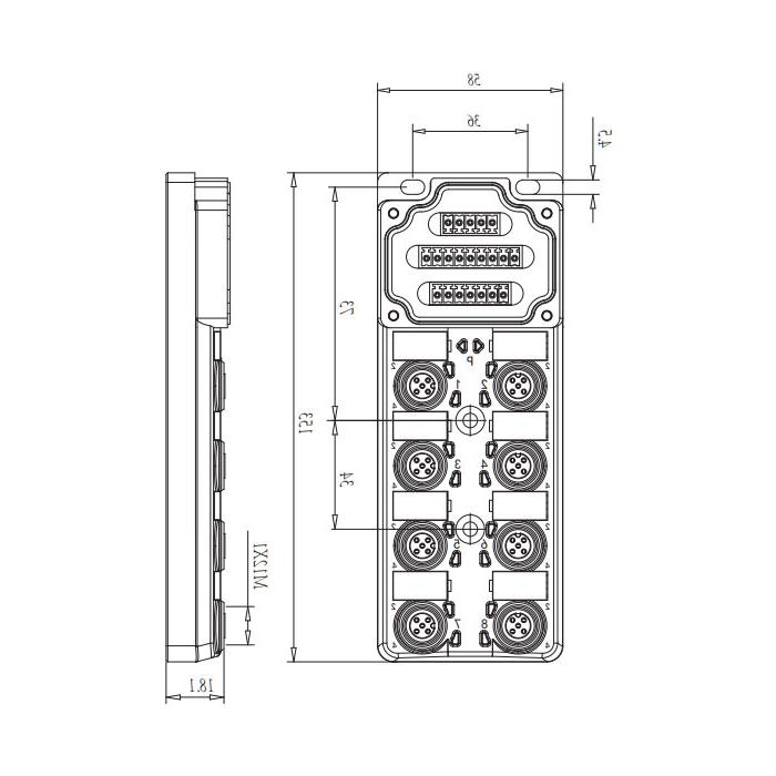 M12分线盒、双通道、PNP、8端口分体式、带LED、PCB端子、24P80N